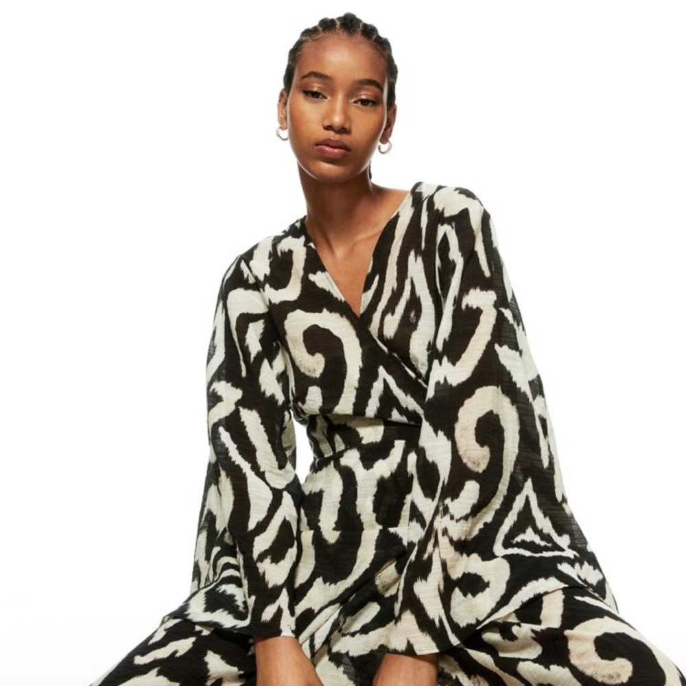H&M Black and White Patterned Long Wrap Dress-XS NWT